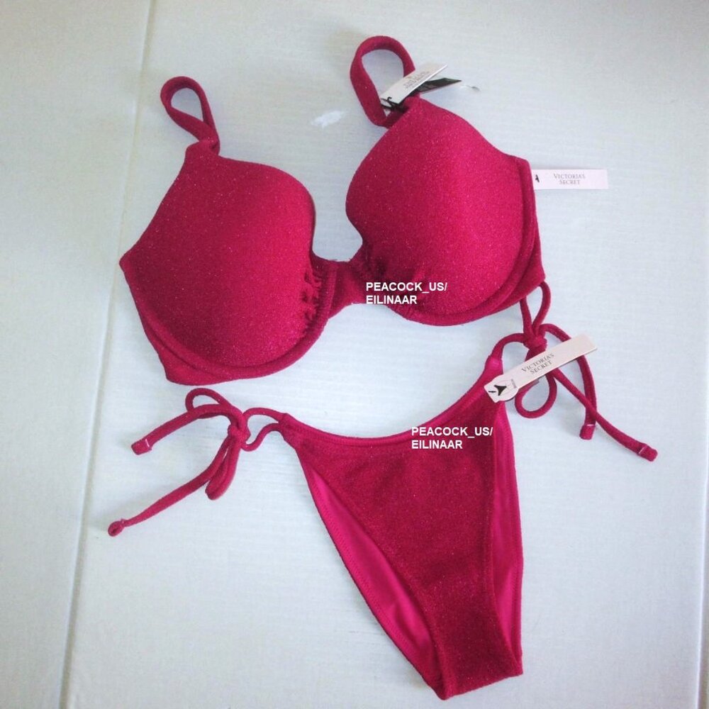 36DDD/XL Victorias Secret Swim Shimmer Pink Icon Push Up Top Bikini Set nwt